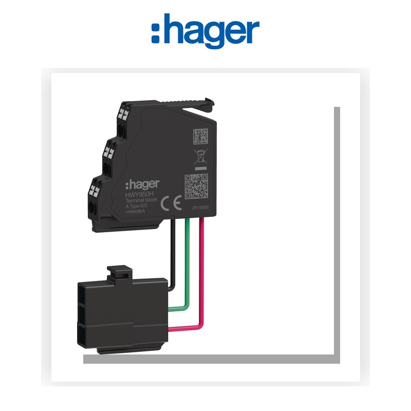 Connecteur d'aux type A 6/3 pour AX, MO, FS, RTC, UV, SH, CC (pièce détachée) Hager HWY950HSA - Electro Andalous Maroc