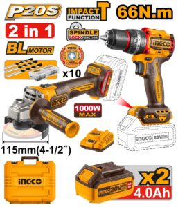 INGCO Pack 2 Machines Meuleuse+visseuse 66NM 20V 2x4ah - CKLI20273 - Electro Andalous Maroc