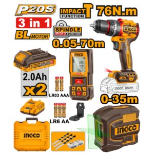 INGCO Pack Visseuse 76NM + Telemetre Laser 70M + Niveau Laser 2L - COSLI250511 - Electro Andalous Maroc